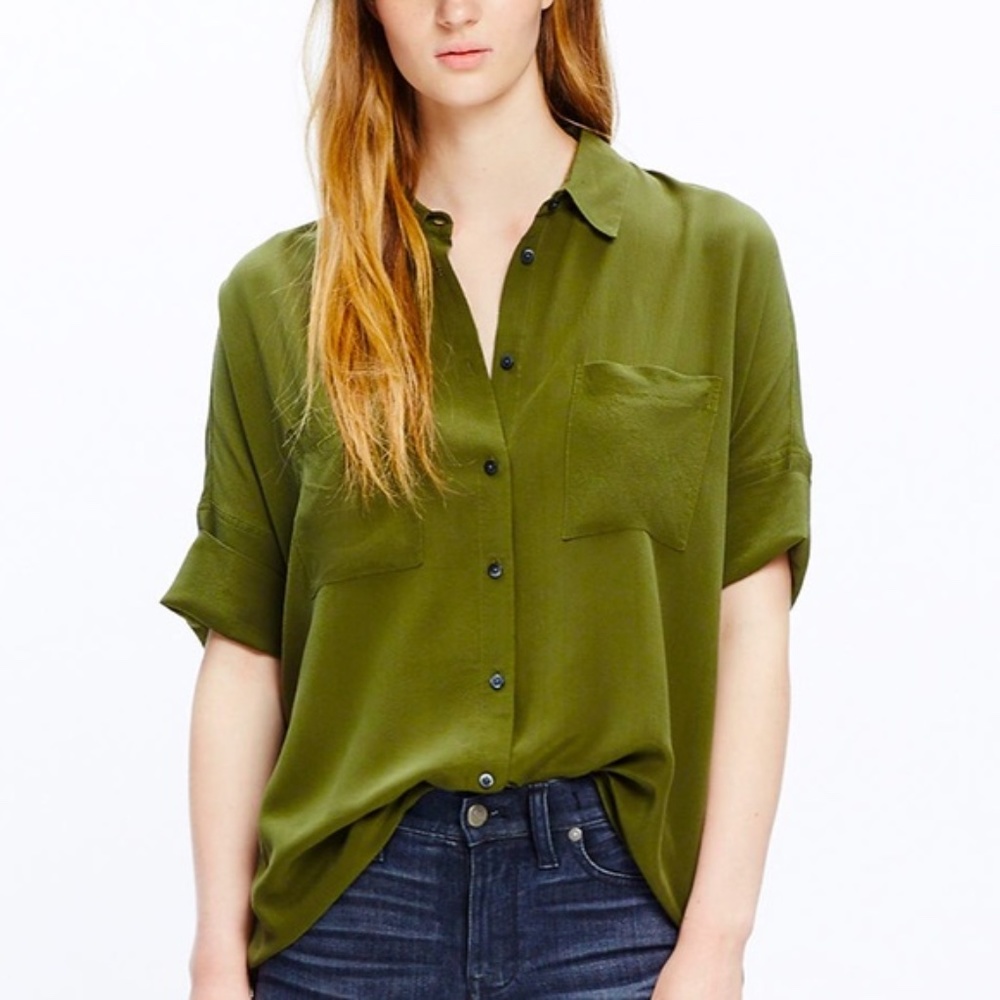 Madewell silk olive green courier blouse XS